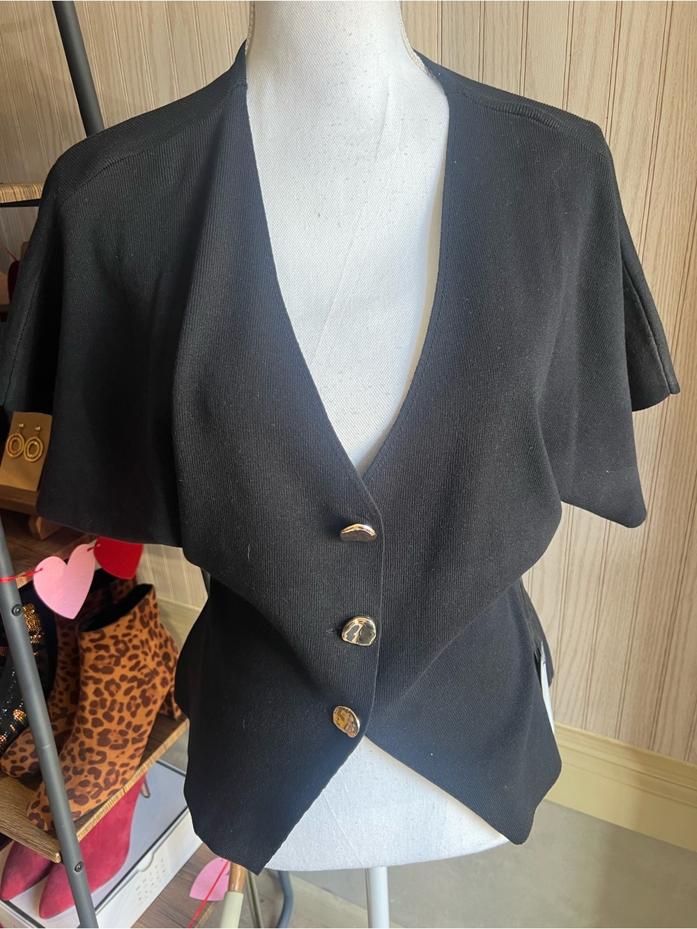 V-Neck Short Sleeve Buttoned Blouse in Black - Picture 2 of 6
